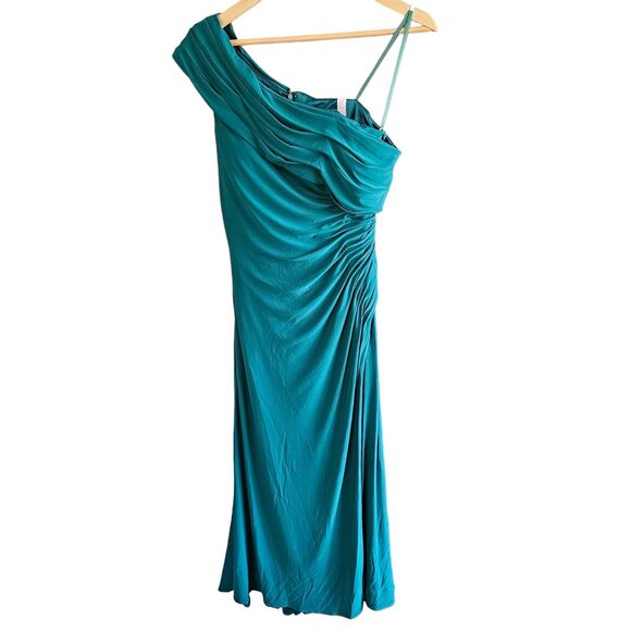Mac Duggal 26484 Ruched Off The Shoulder Midi Dress Size 2 Emerald Green - Picture 4 of 13